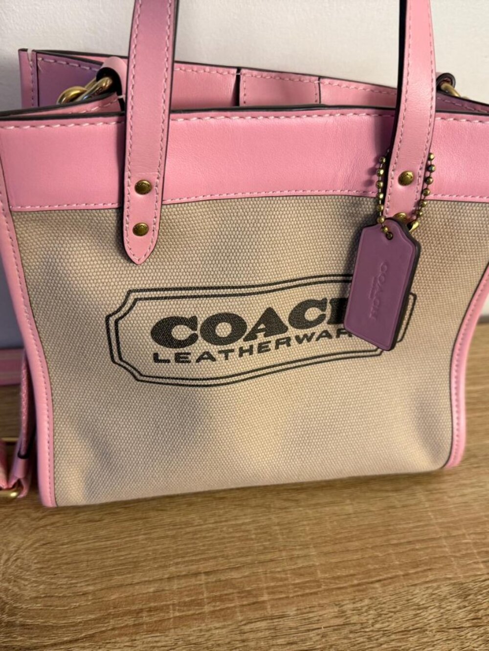 Coach Canvas Field Tote 22 in the Natural Canvas / Flower Pink